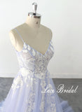 Ice blue wedding dress, lace wedding dress, custom-made wedding dress