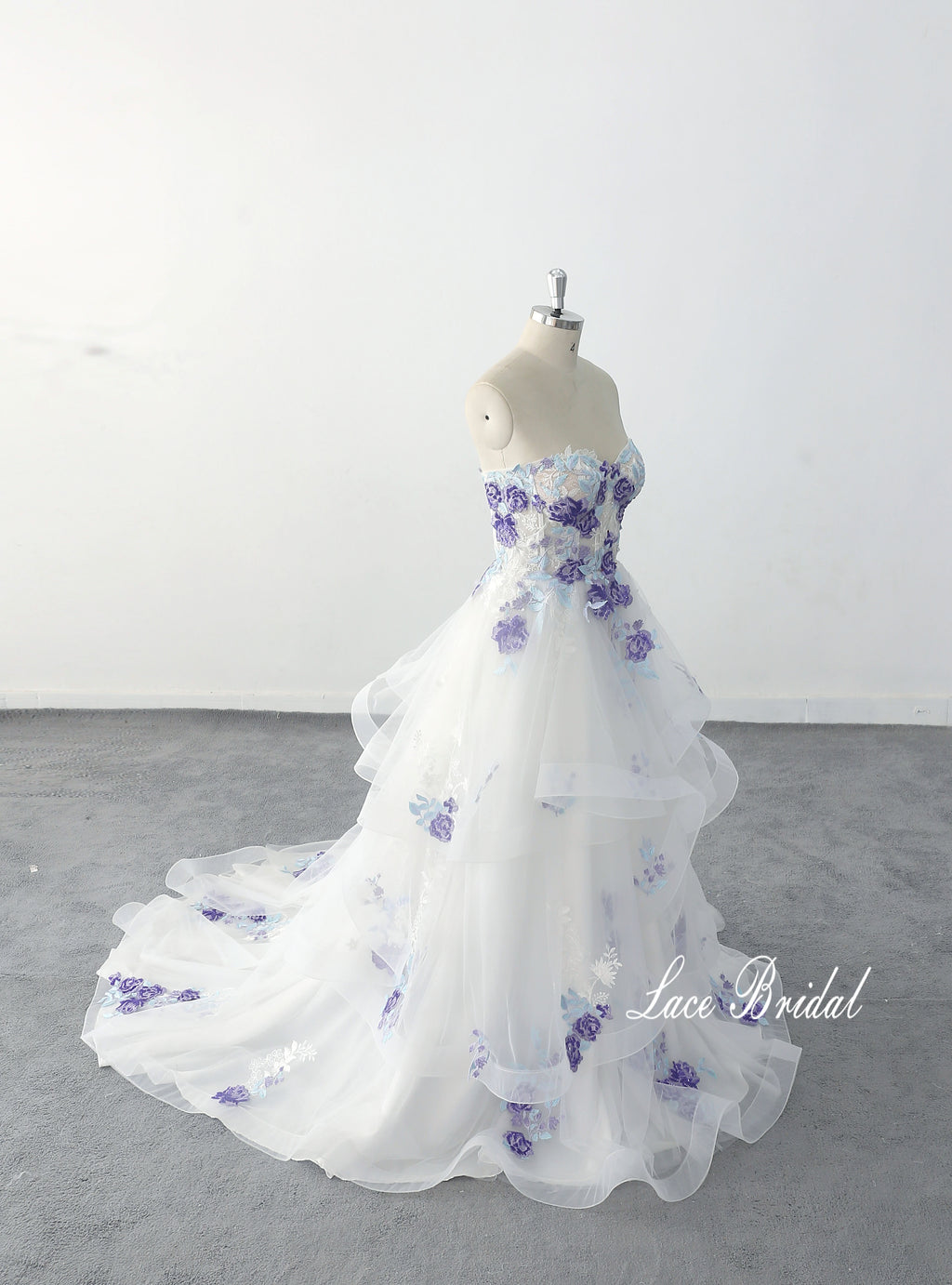 Ivory wedding dress, sky blue lace mixed with light purple lace and flowers, custom-made wedding dress.