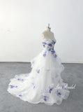 Ivory wedding dress, sky blue lace mixed with light purple lace and flowers, custom-made wedding dress.
