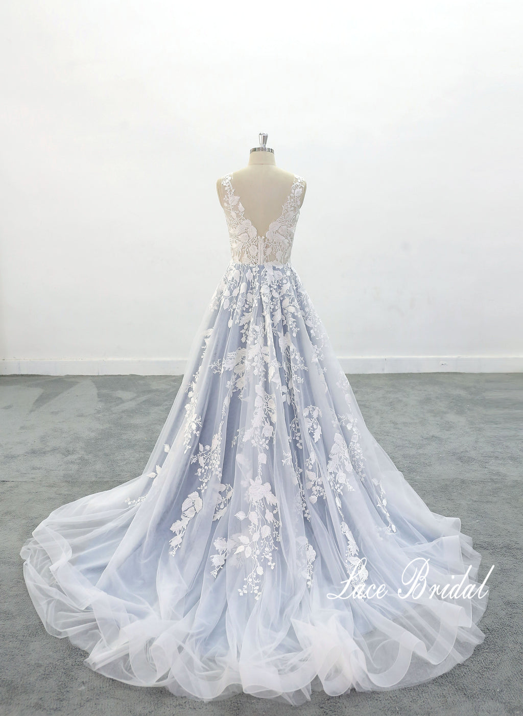 Vestido de novia color gris azulado claro, vestido de novia de encaje, vestido de novia hecho a medida