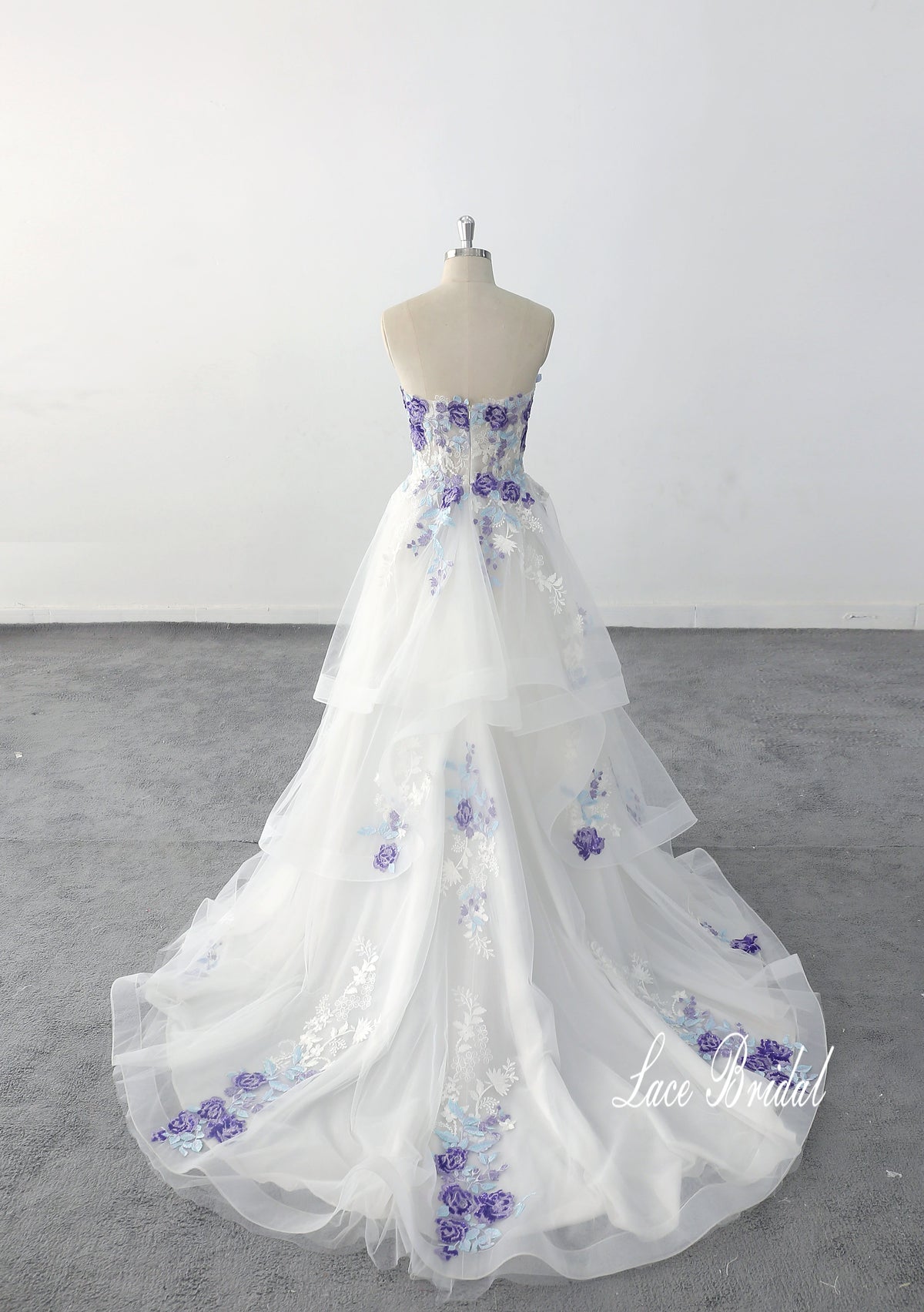 Ivory wedding dress, sky blue lace mixed with light purple lace and flowers, custom-made wedding dress.