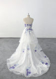 Ivory wedding dress, sky blue lace mixed with light purple lace and flowers, custom-made wedding dress.