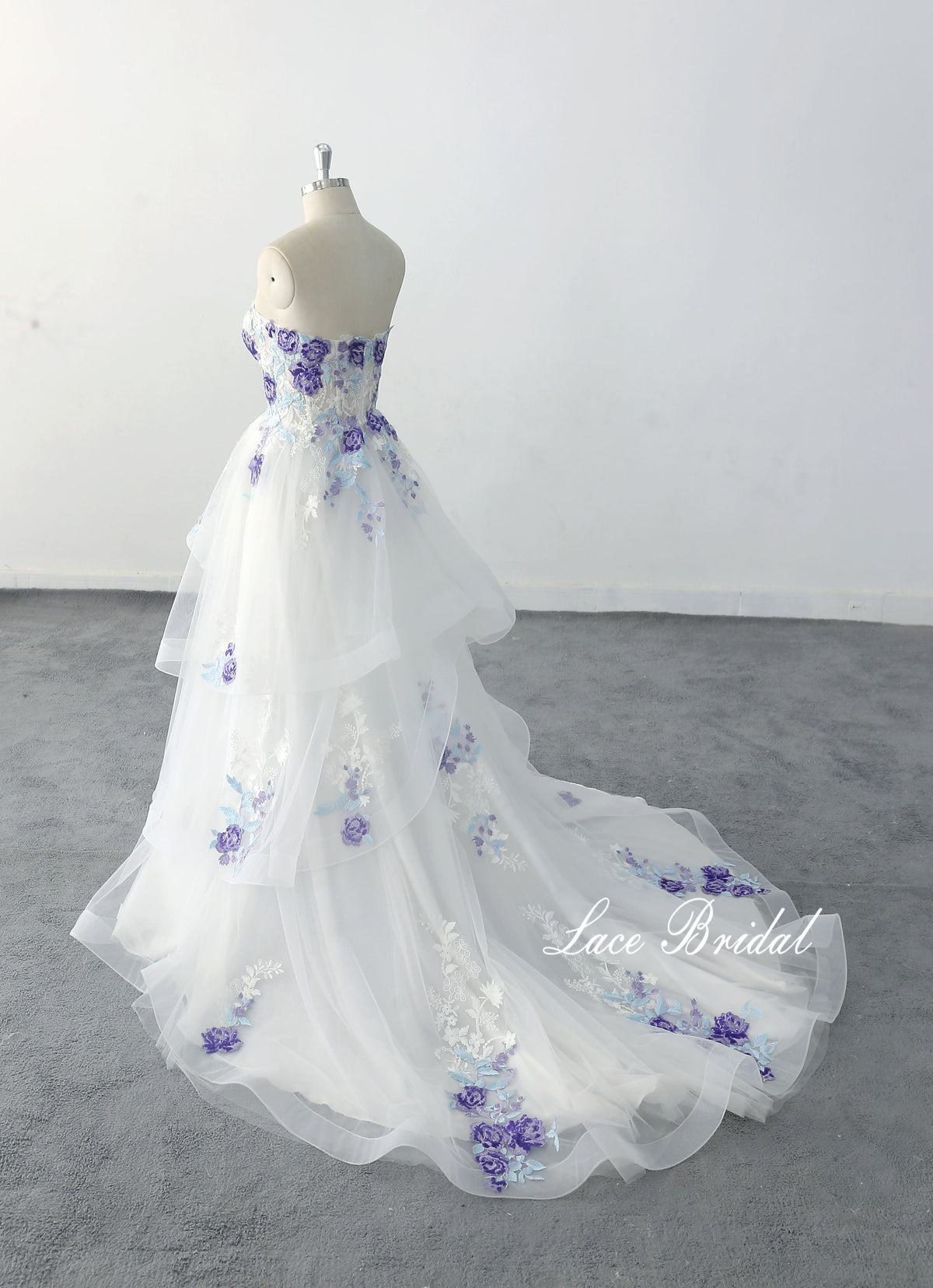 Ivory wedding dress, sky blue lace mixed with light purple lace and flowers, custom-made wedding dress.