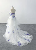 Ivory wedding dress, sky blue lace mixed with light purple lace and flowers, custom-made wedding dress.