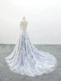 Light gray-blue wedding dress, lace wedding dress, custom-made wedding dress