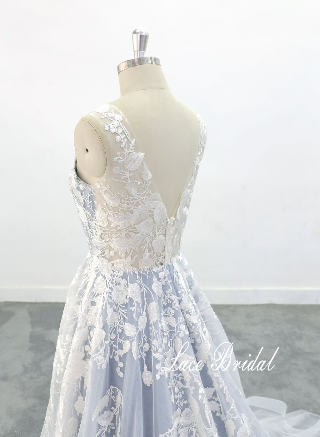 Vestido de novia color gris azulado claro, vestido de novia de encaje, vestido de novia hecho a medida
