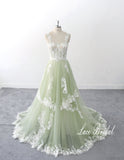 Sage-colored wedding dress, lace wedding dress, custom-made wedding dress