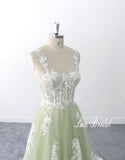 Sage-colored wedding dress, lace wedding dress, custom-made wedding dress