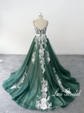 Green wedding dress, lace wedding dress, custom-made wedding dress, forest-themed wedding dress