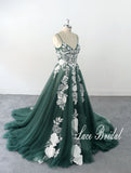 Green wedding dress, lace wedding dress, custom-made wedding dress, forest-themed wedding dress