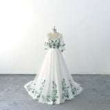 Green lace wedding dress with sleeves, custom-made wedding dress