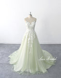 Sage-colored wedding dress, lace wedding dress, custom-made wedding dress