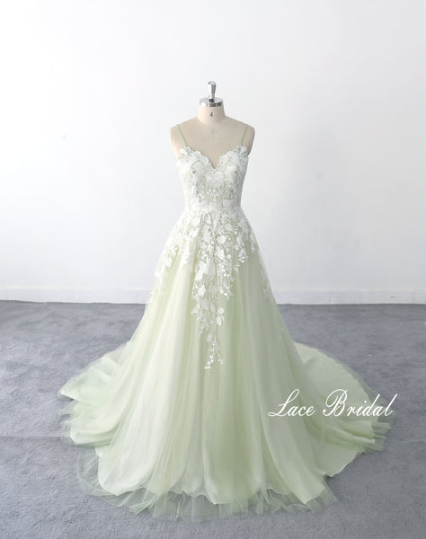 Sage-colored wedding dress, lace wedding dress, custom-made wedding dress