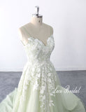 Sage-colored wedding dress, lace wedding dress, custom-made wedding dress