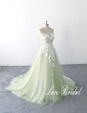 Sage-colored wedding dress, lace wedding dress, custom-made wedding dress
