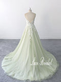 Sage-colored wedding dress, lace wedding dress, custom-made wedding dress