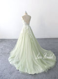 Sage-colored wedding dress, lace wedding dress, custom-made wedding dress