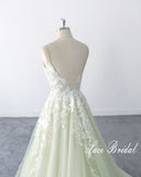 Sage-colored wedding dress, lace wedding dress, custom-made wedding dress