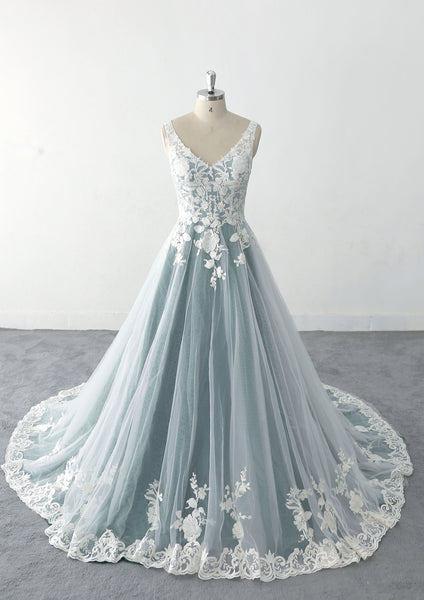 Gray-blue wedding dress, lace wedding dress, custom-made wedding dress