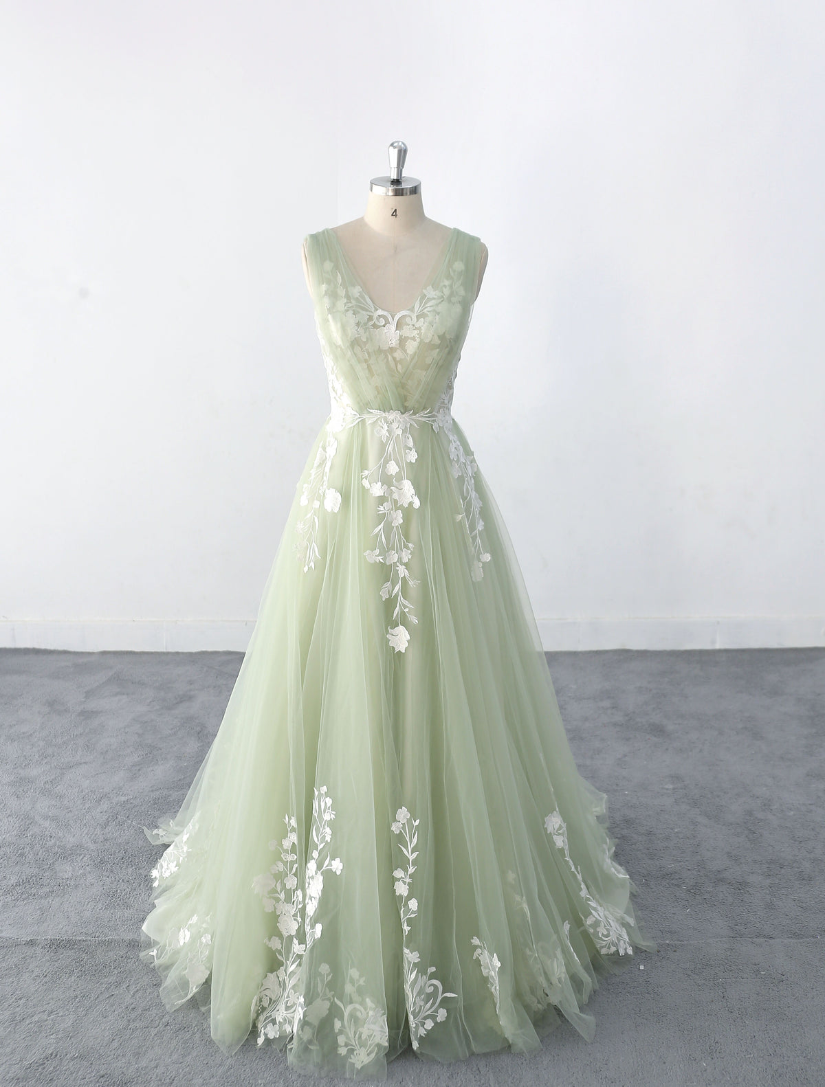 Sage-colored wedding dress, Graceful and elegant