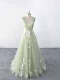 Sage-colored wedding dress, custom-made wedding dress, lace wedding dress