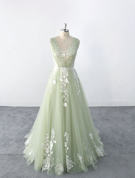 Sage-colored wedding dress, custom-made wedding dress, lace wedding dress