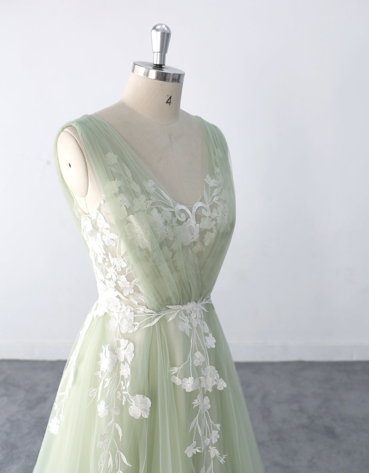 Sage-colored wedding dress, Graceful and elegant