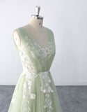 Sage-colored wedding dress, custom-made wedding dress, lace wedding dress