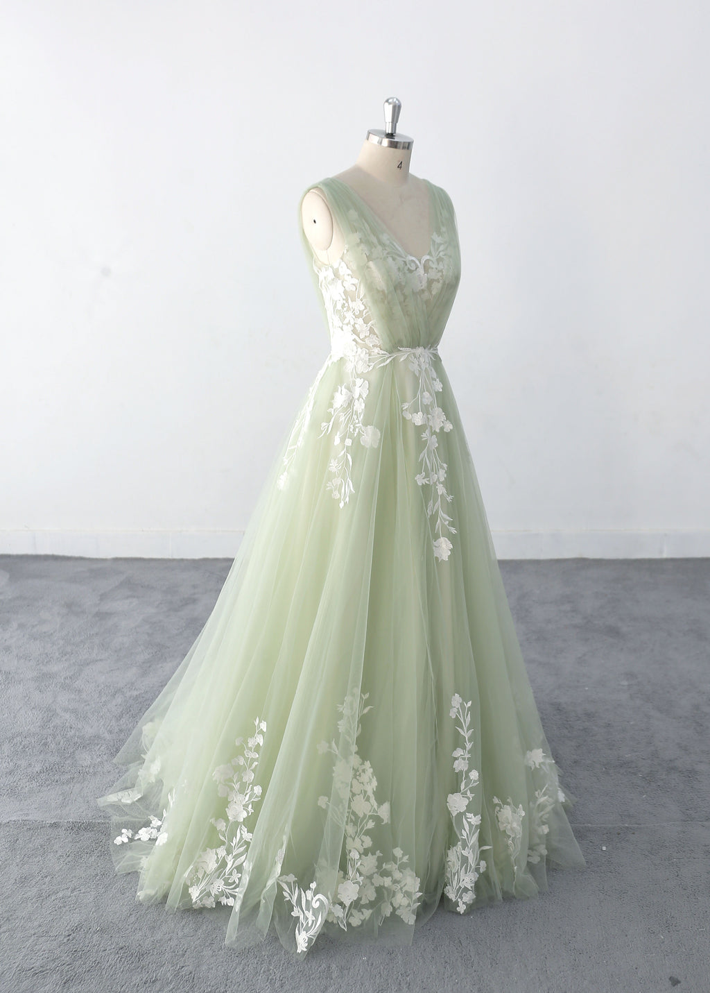 Vestido de novia color salvia, vestido de novia hecho a medida, vestido de novia de encaje