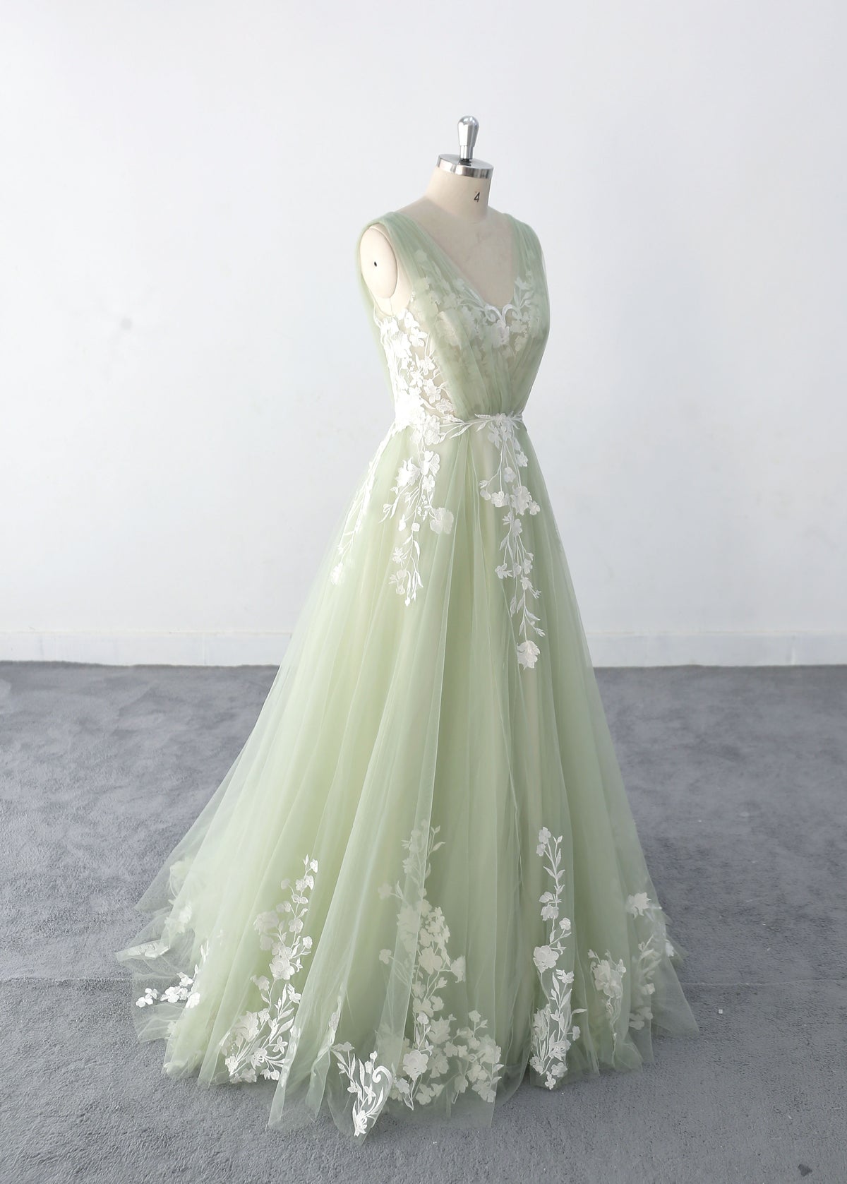 Sage-colored wedding dress, Graceful and elegant
