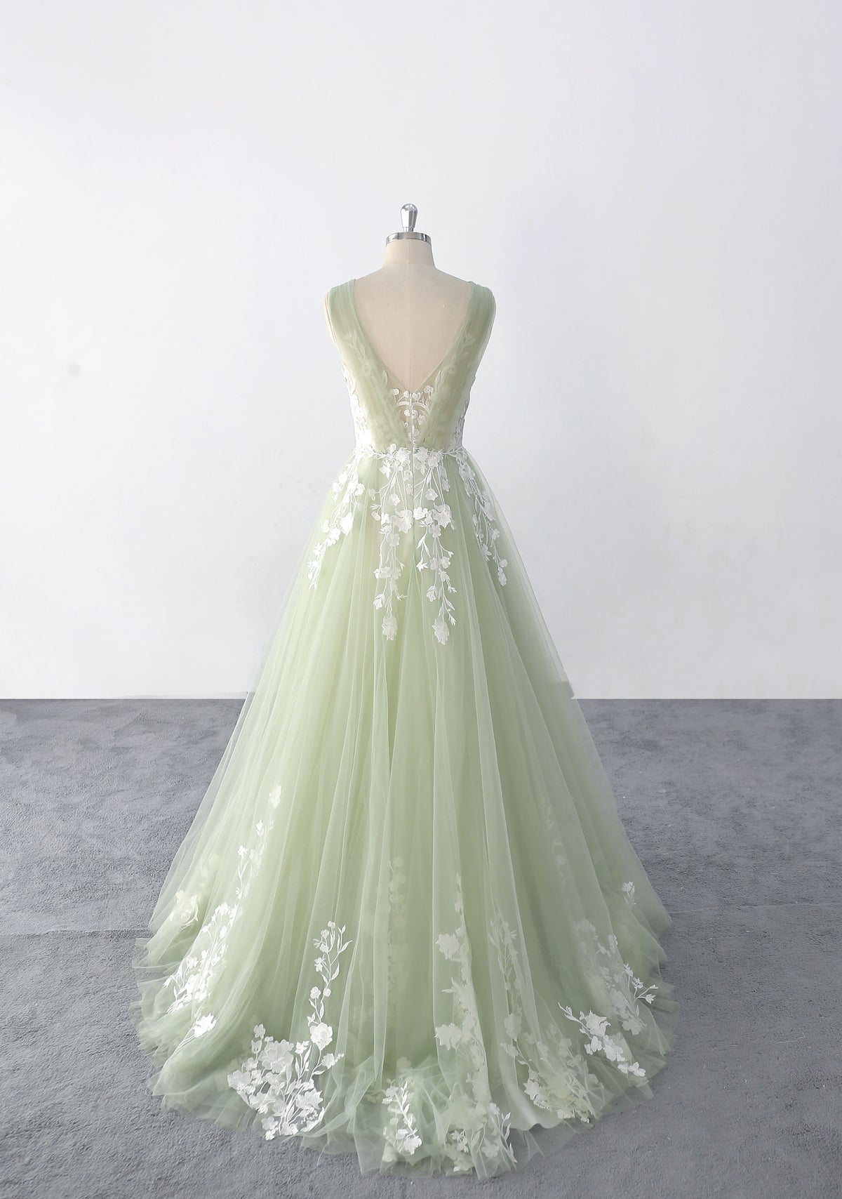 Sage-colored wedding dress, Graceful and elegant