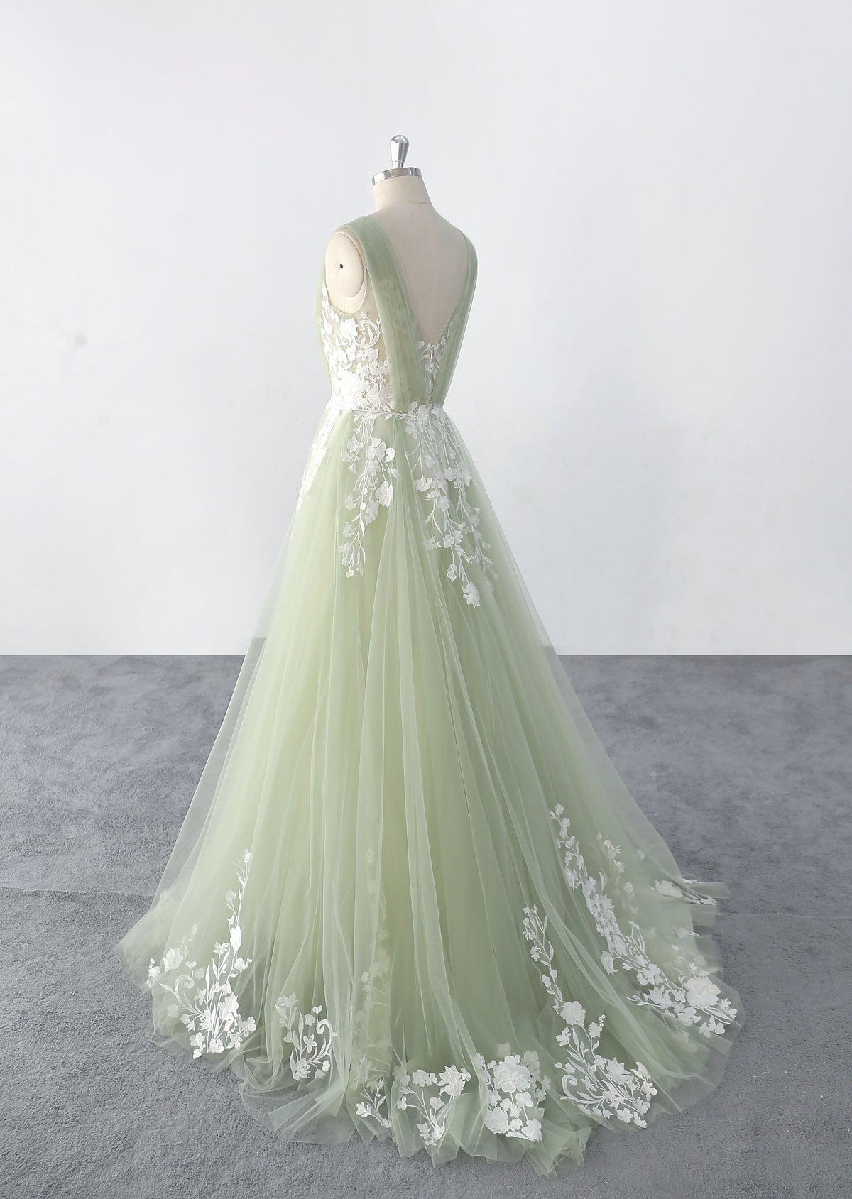 Sage-colored wedding dress, Graceful and elegant