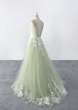 Sage-colored wedding dress, custom-made wedding dress, lace wedding dress