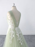 Sage-colored wedding dress, custom-made wedding dress, lace wedding dress