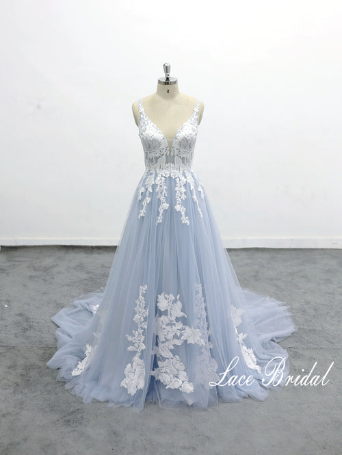 Gray-blue wedding dress, lace wedding dress, custom-made wedding dress