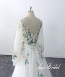 Ivory wedding dress, green lace wedding dress, custom-made wedding dress