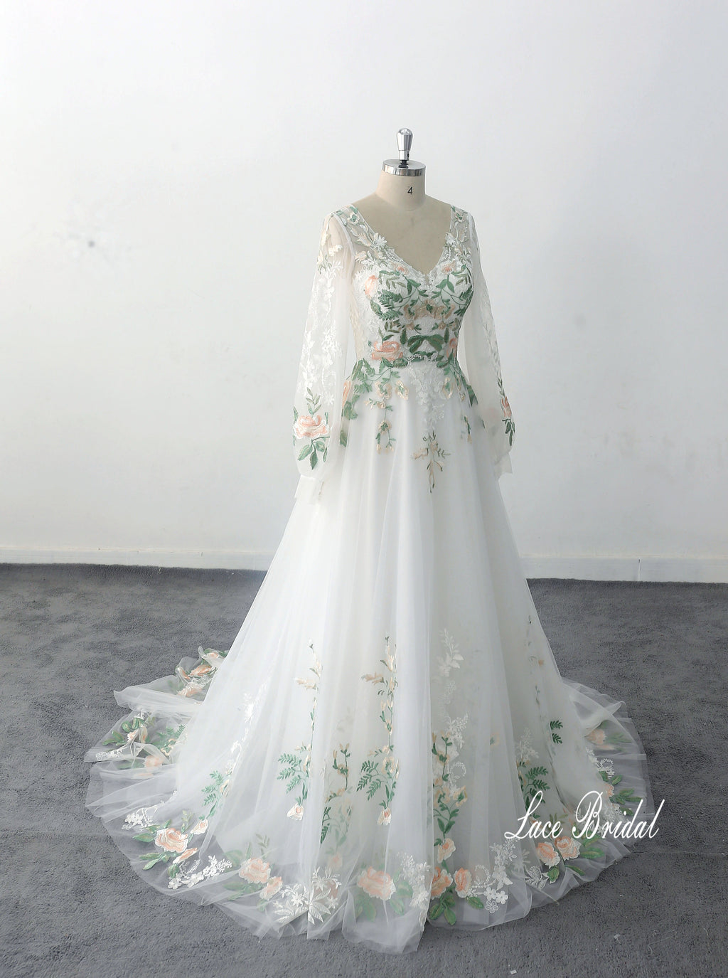 Ivory wedding dress, green lace wedding dress, custom-made wedding dress