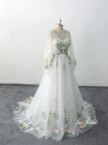 Ivory wedding dress, green lace wedding dress, custom-made wedding dress