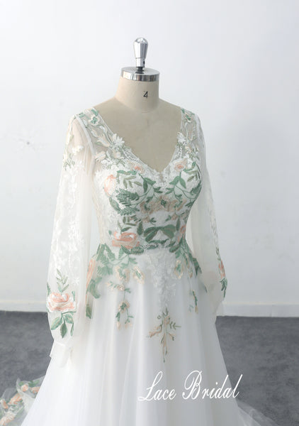 Ivory wedding dress, green lace wedding dress, custom-made wedding dress