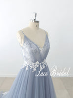 A Line Beach Wedding Dress with Sheer Neckline Light Gray  Wedding Dress Summer Wedding Dress Lace Wedding Dress