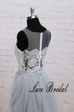 A Line Beach Wedding Dress with Sheer Neckline Light Gray Boho Wedding Dress Summer Wedding Dress Lace Wedding Dress