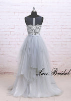 A Line Beach Wedding Dress with Sheer Neckline Light Gray Boho Wedding Dress Summer Wedding Dress Lace Wedding Dress